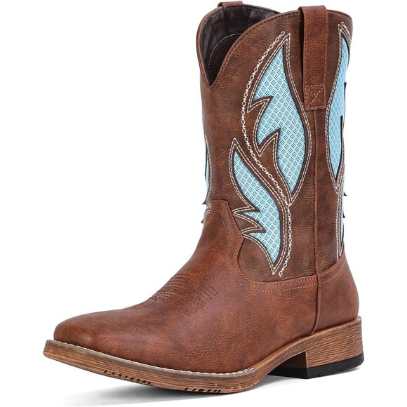Men Brown Square Toe Retro Western Boots With Breathable  display picture 3
